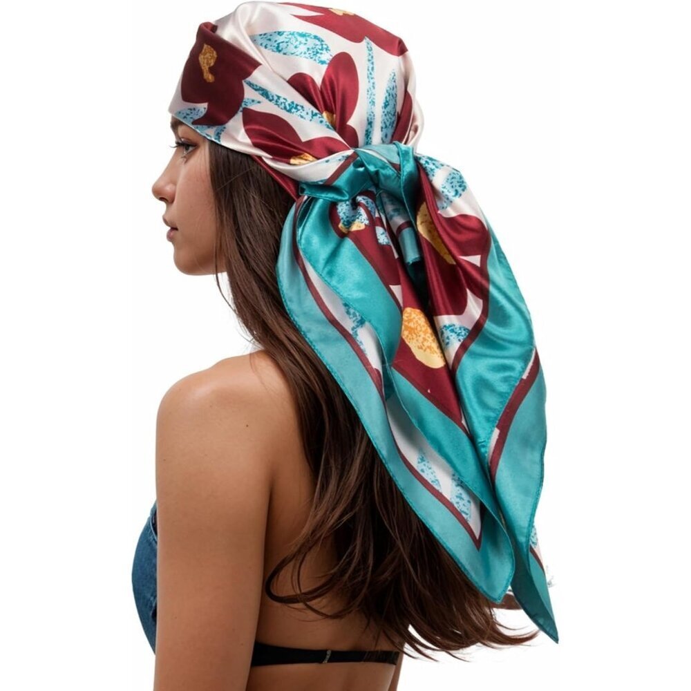 Women's Wine Red Head Scarf Like Silk Printed Square Hair Bandanas 35 Inches
